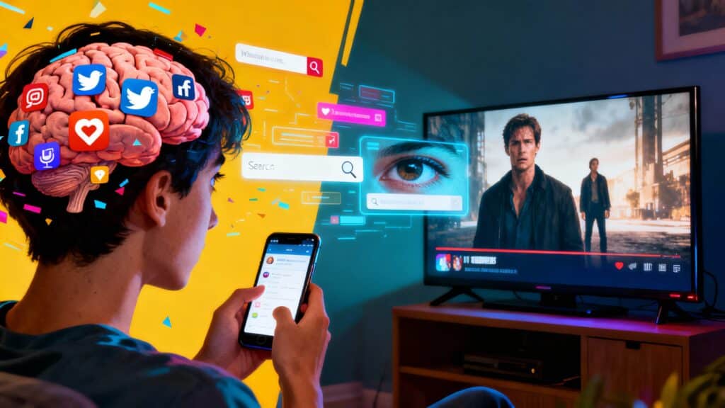 Homme utilisant smartphone avec icônes de réseaux sociaux.