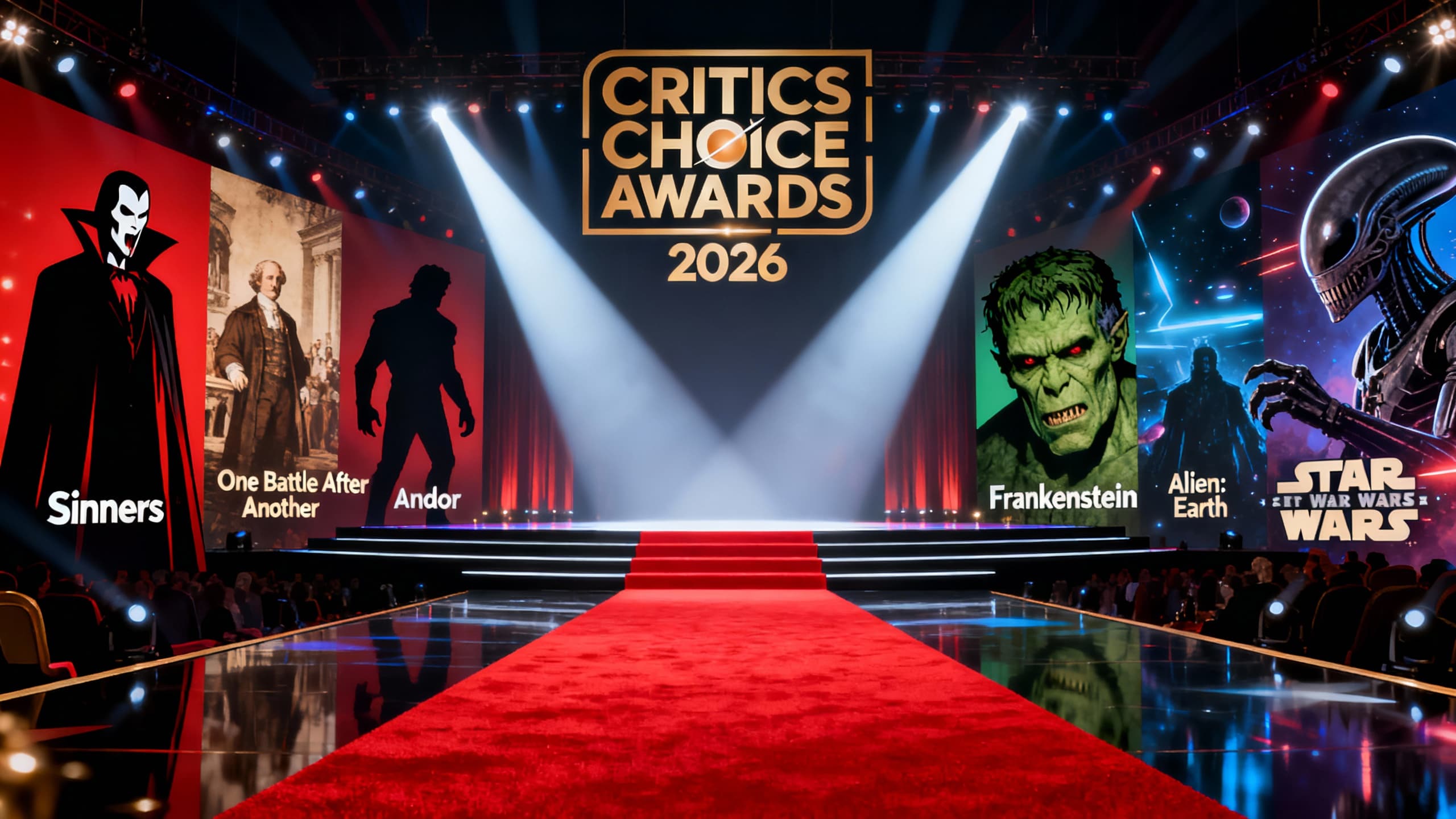 Scène des Critics Choice Awards 2026 avec affiches de films.
