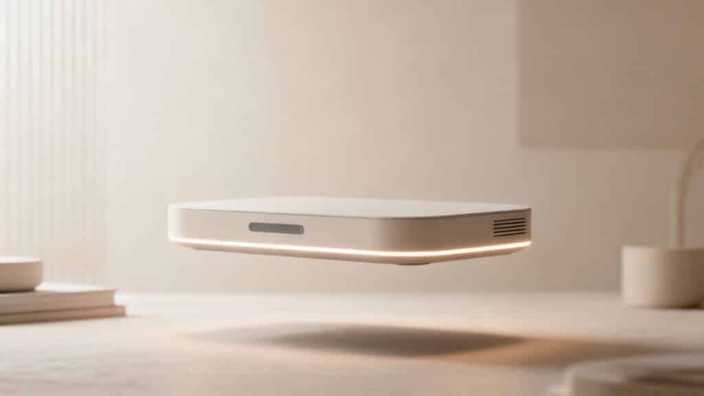 Appareil électronique flottant sur une surface beige