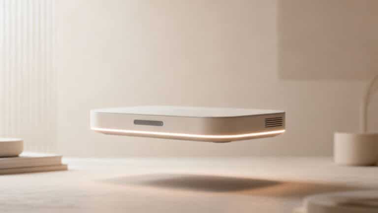 Appareil électronique flottant sur une surface beige