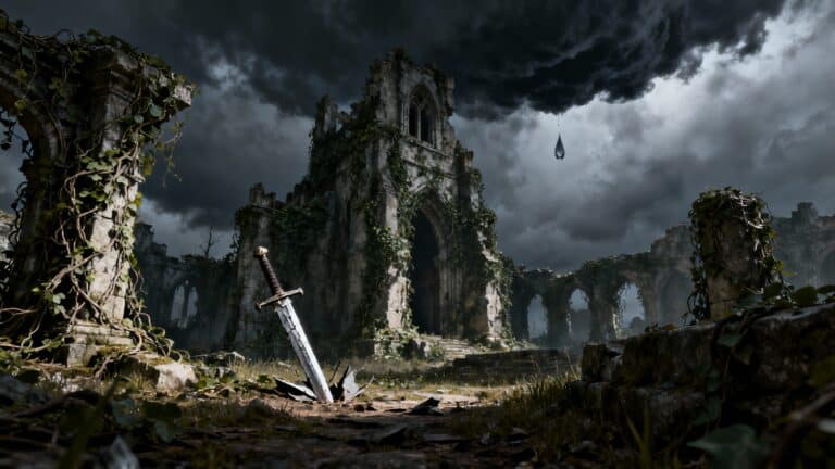 Ruines médiévales avec une épée plantée au sol.