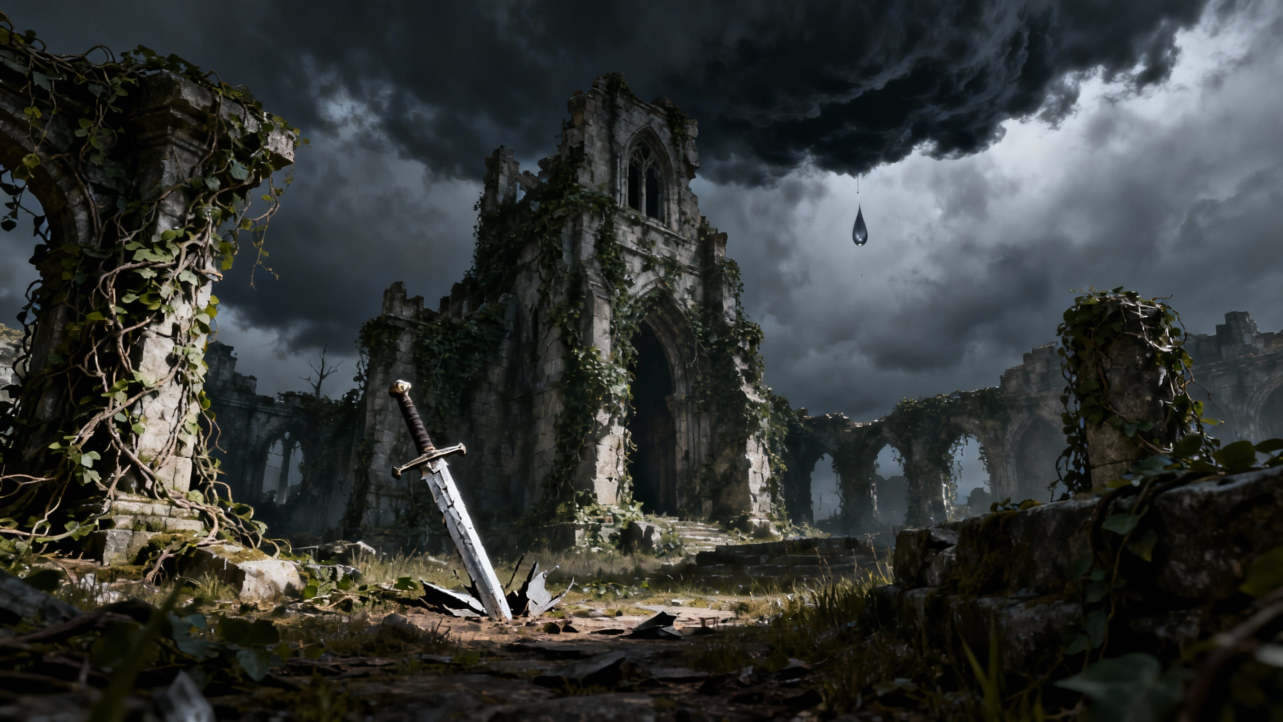 Ruines médiévales avec une épée plantée au sol.