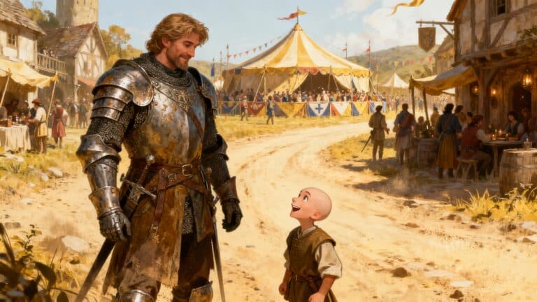 Chevalier souriant avec enfant devant chapiteau médiéval.