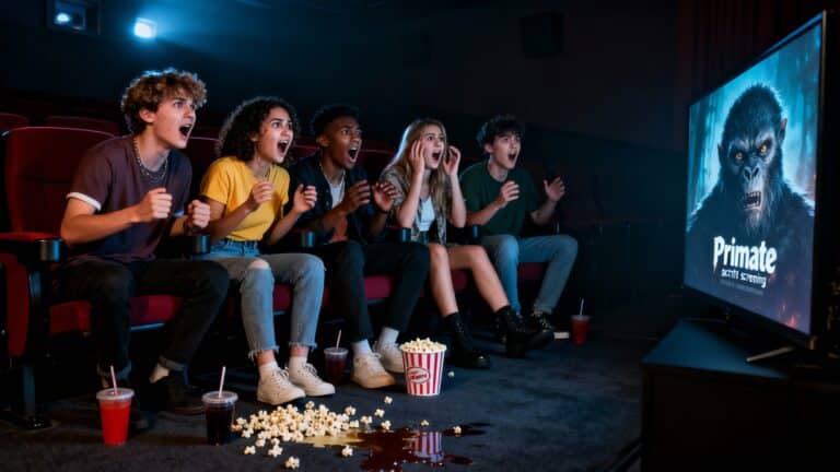 Groupe de spectateurs surpris au cinéma.