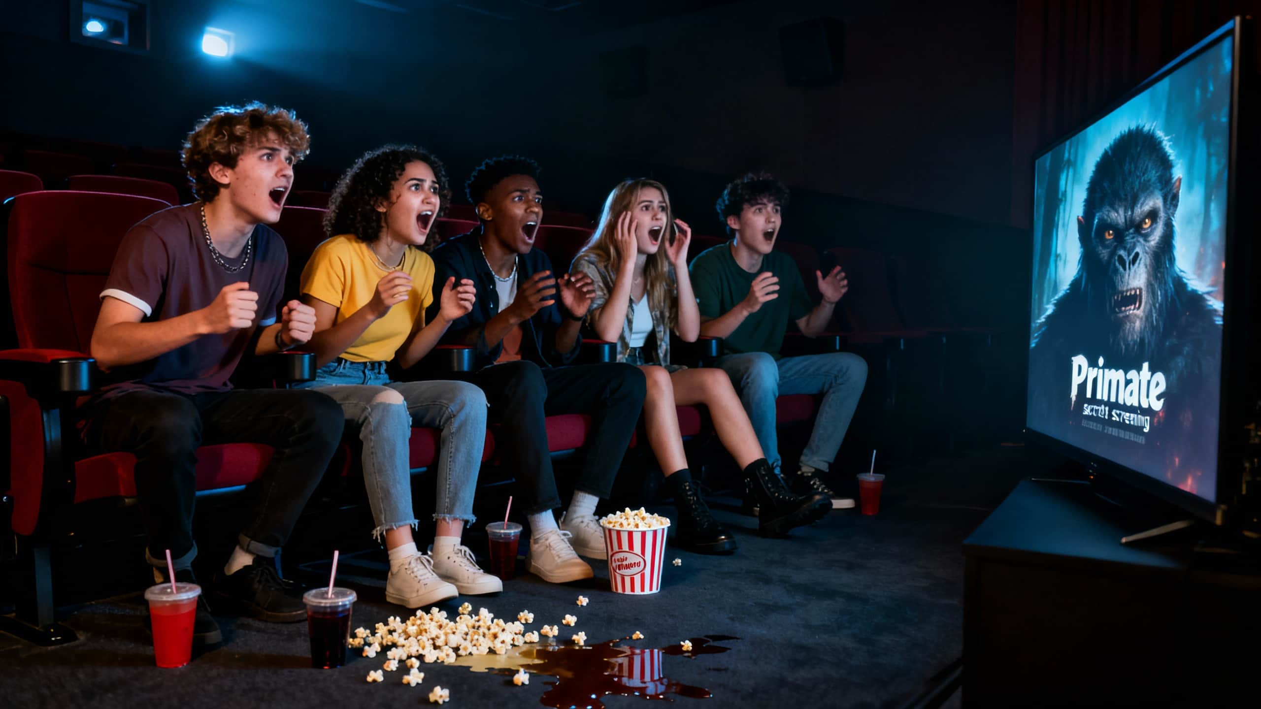 Groupe de spectateurs surpris au cinéma.