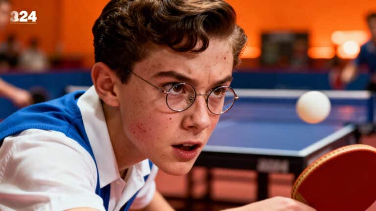 Joueur concentré de tennis de table avec raquette.