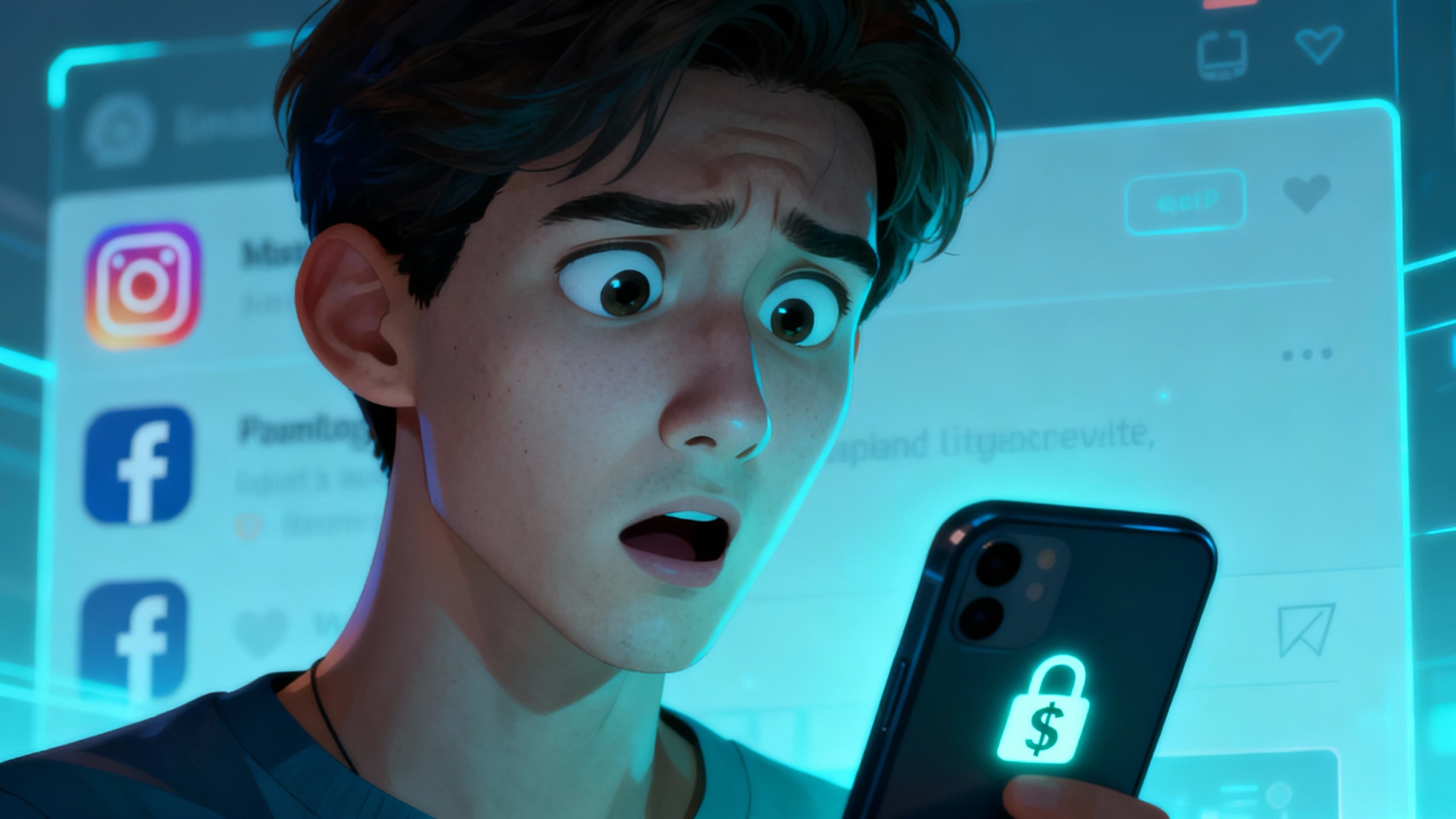 Personne choquée regardant un smartphone avec cadenas lumineux.