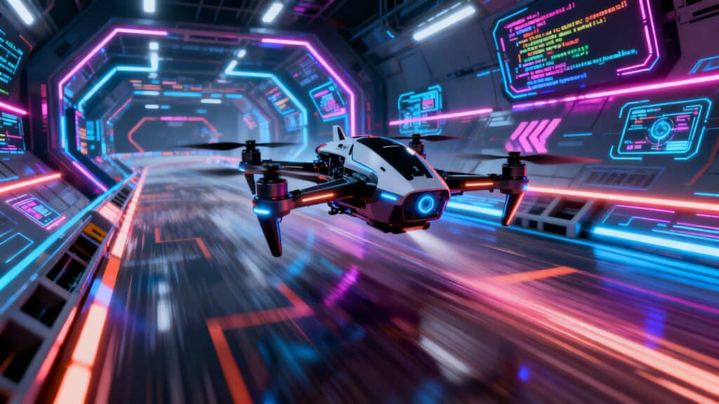 Drone volant dans un tunnel futuriste lumineux.