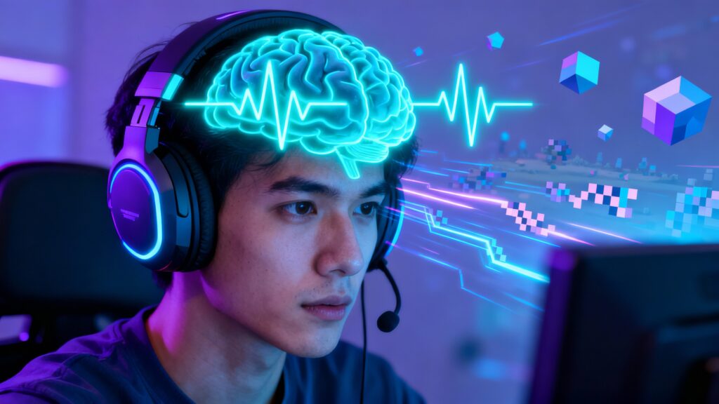 Jeune homme avec casque et cerveau numérique.