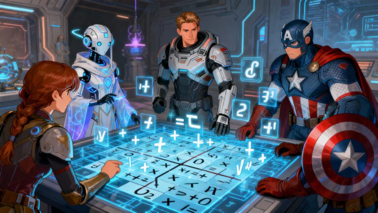 Personnages discutant autour d'une table holographique.