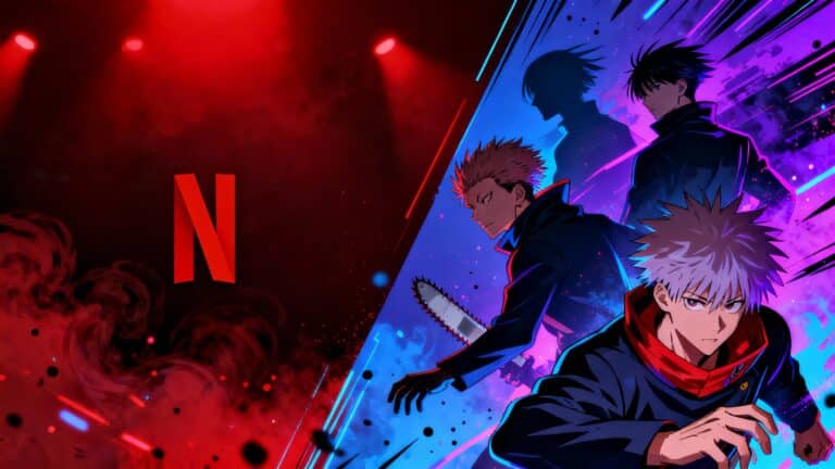 Personnages manga et logo Netflix illuminés.