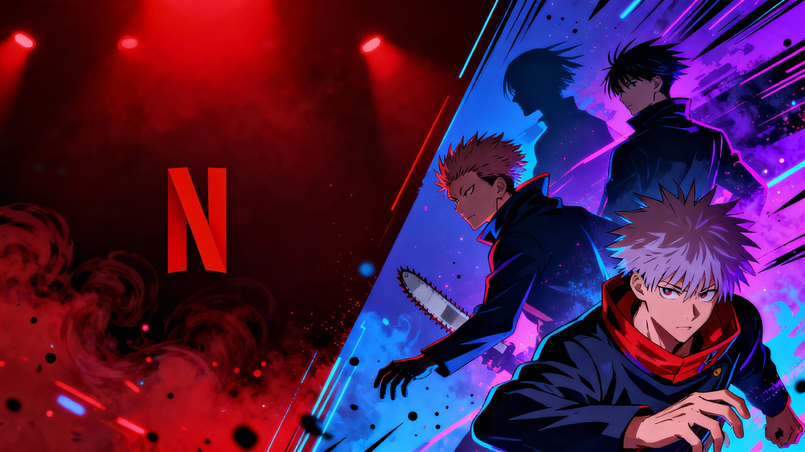 Personnages manga et logo Netflix illuminés.