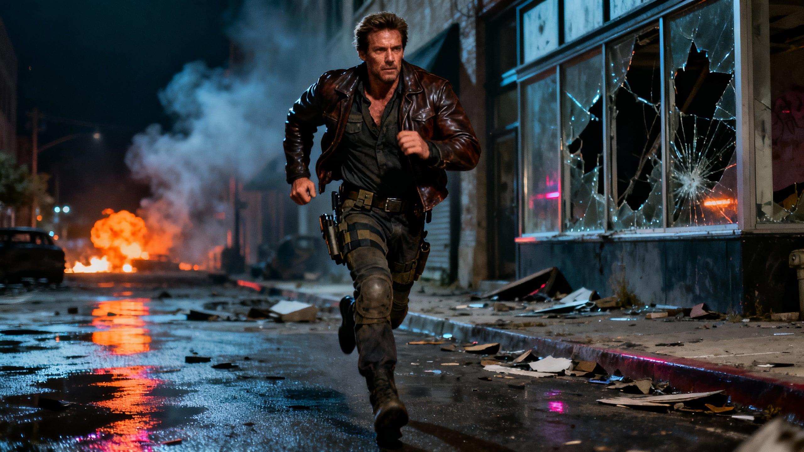 Homme courant devant bâtiment avec fenêtres brisées.