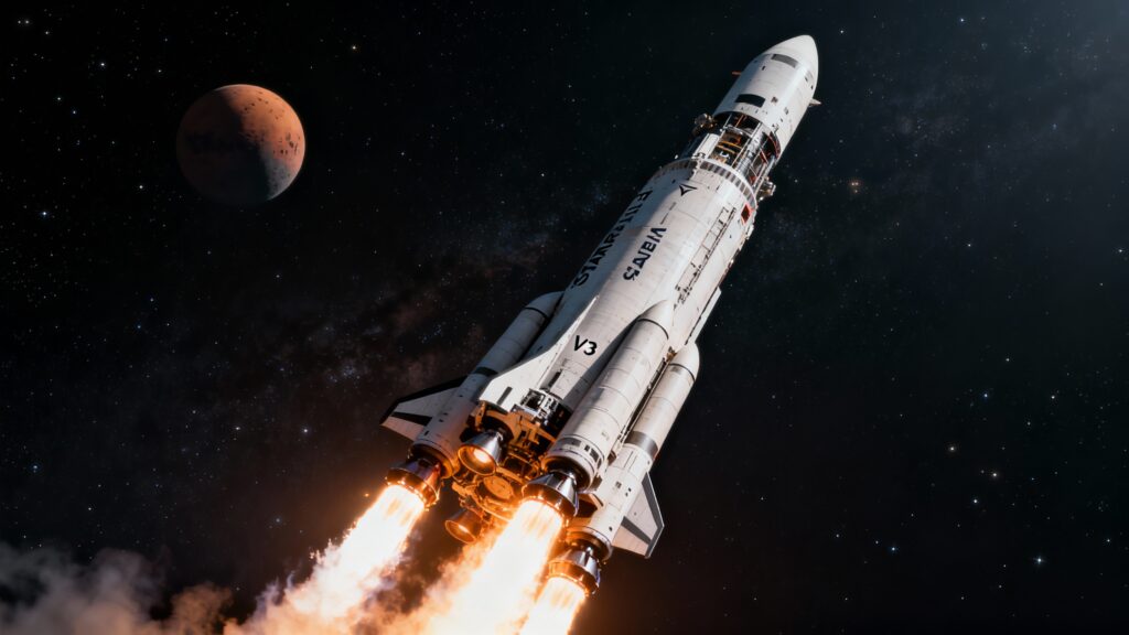Fusée décollant vers l'espace, planète en fond.