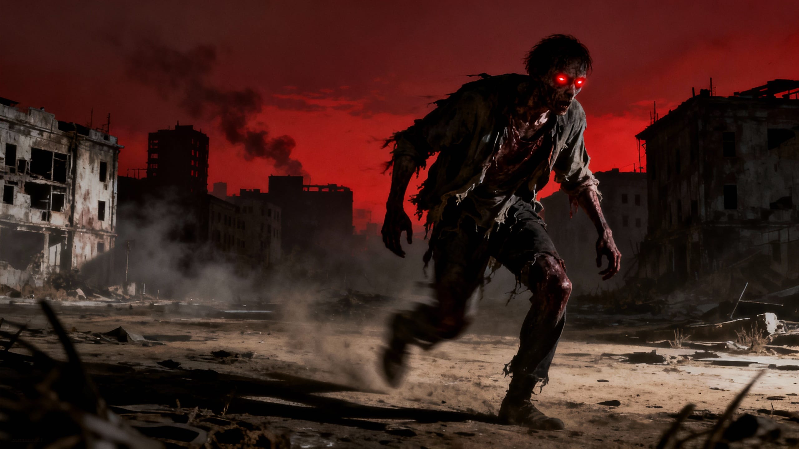 Zombie dans une ville en ruines au crépuscule.