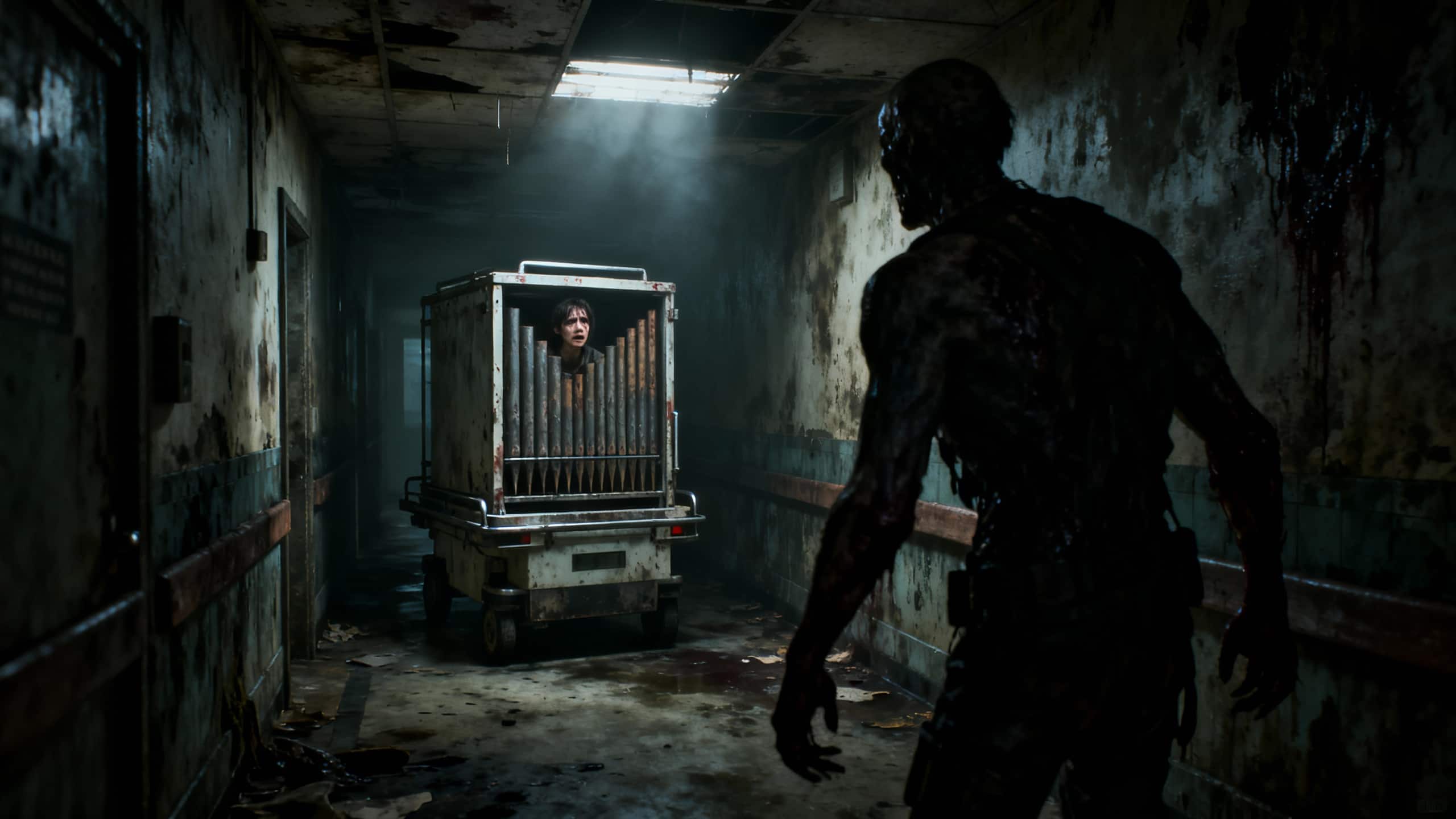 Personne en cage poursuivie dans un couloir sombre.