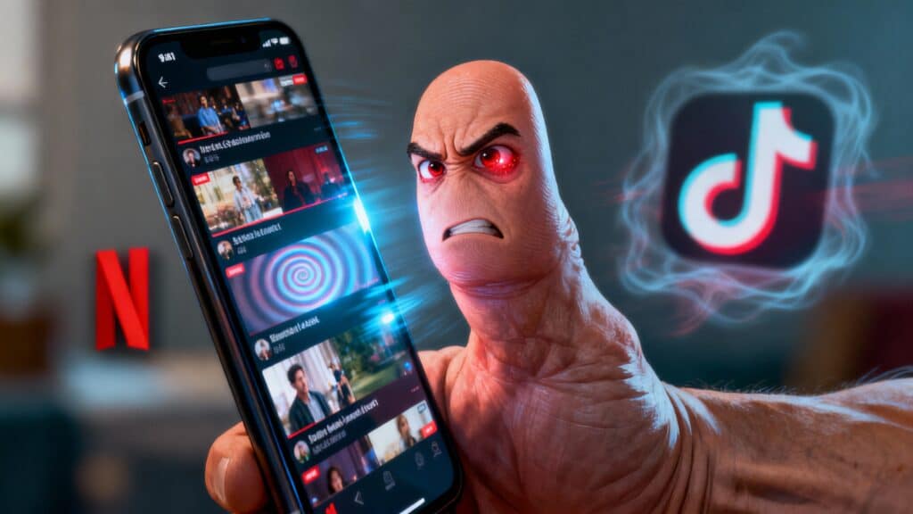 Pouce énervé tenant un smartphone Netflix.
