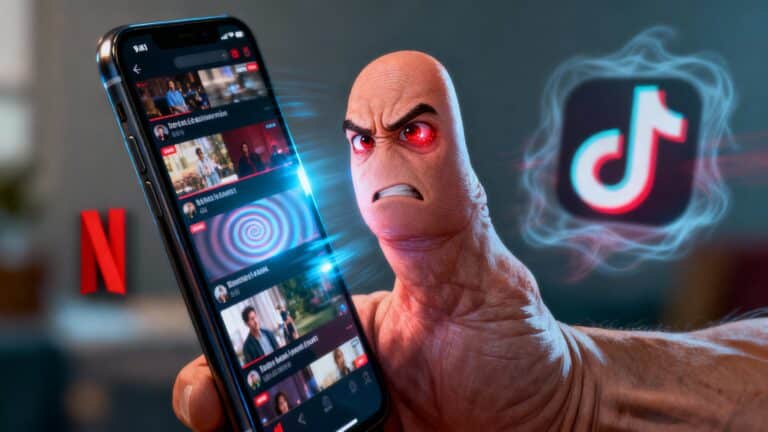 Pouce énervé tenant un smartphone Netflix.