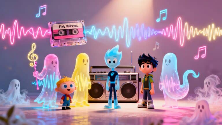 Personnages animés avec fantômes et musique lumineuse.