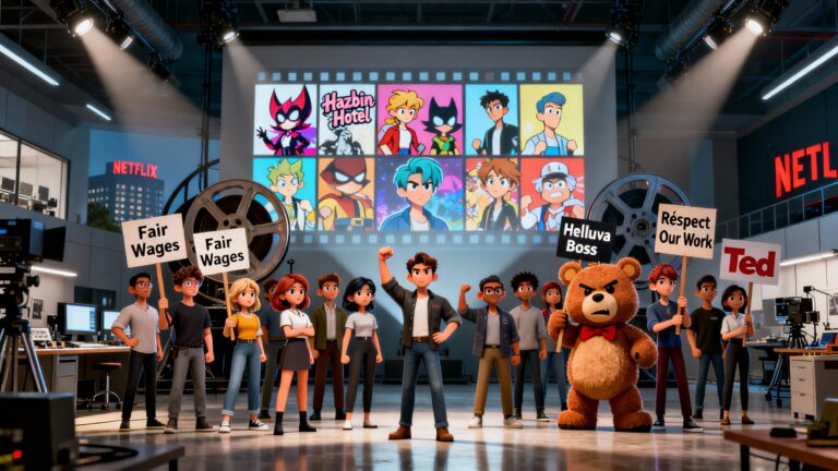 Animateurs protestent en studio avec pancartes