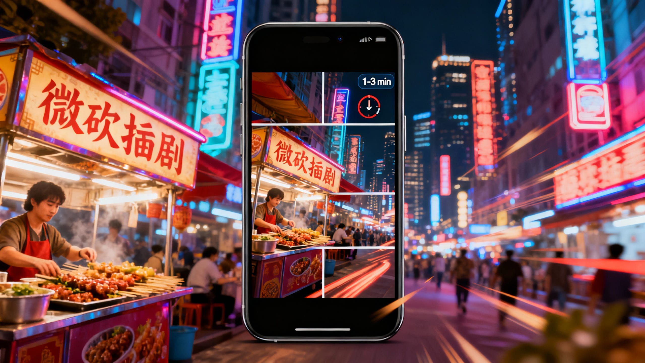 Marché de nuit asiatique avec téléphone mobile au centre.
