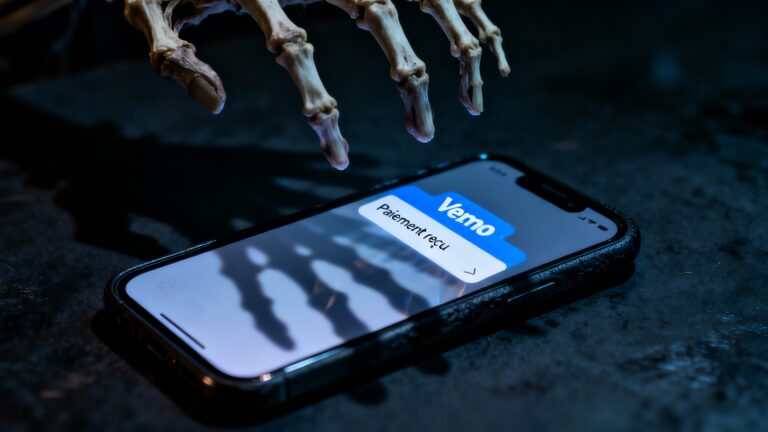 Main squelette touchant un smartphone, écran paiement.