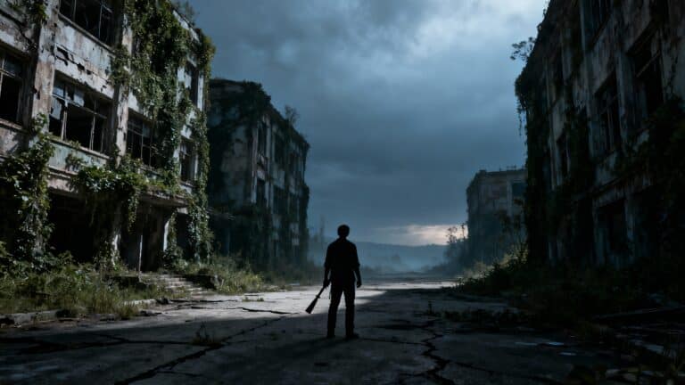 Personne armée dans une ville abandonnée envahie par la végétation.