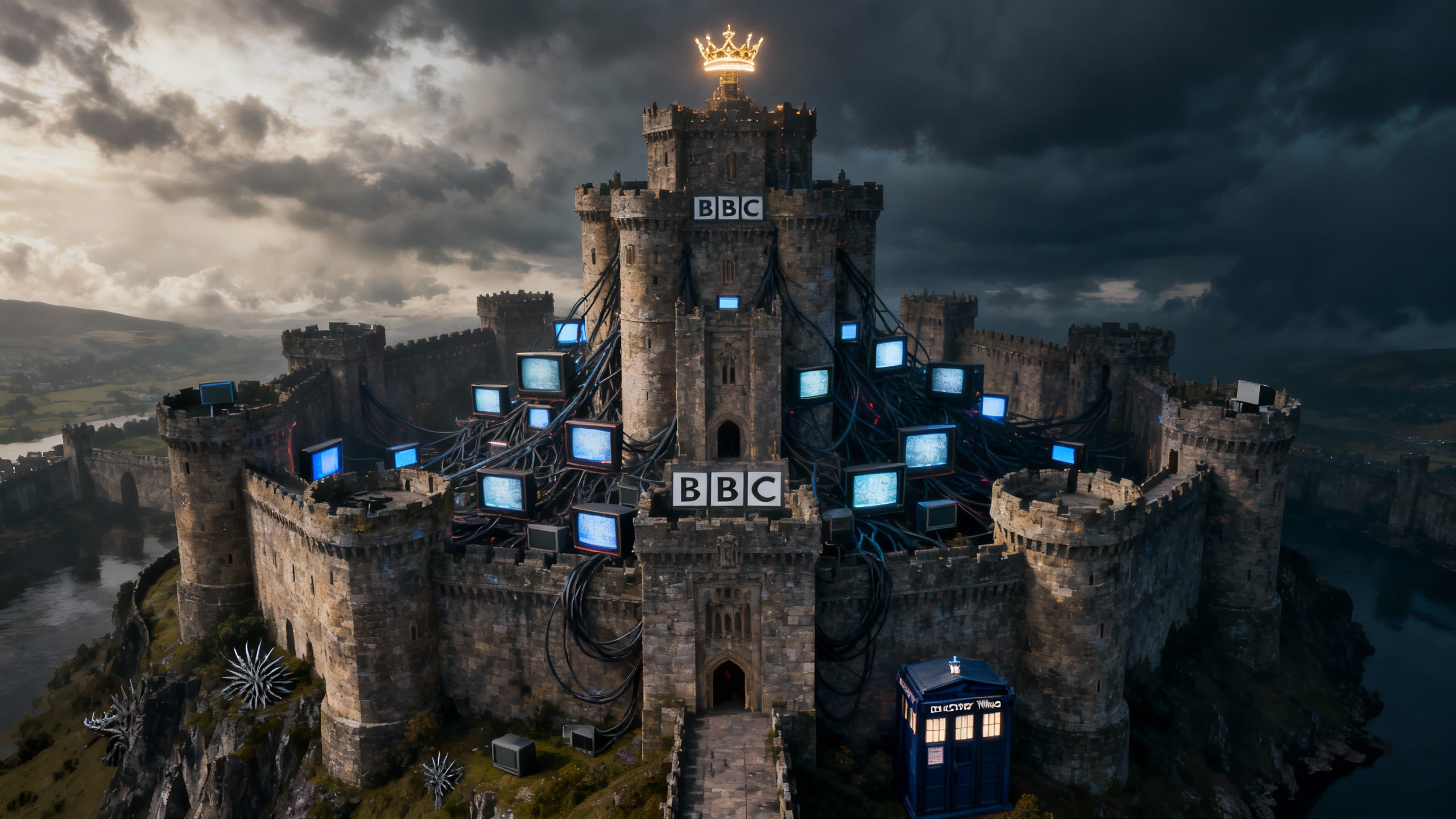 Château médiéval avec enseigne BBC et couronne.