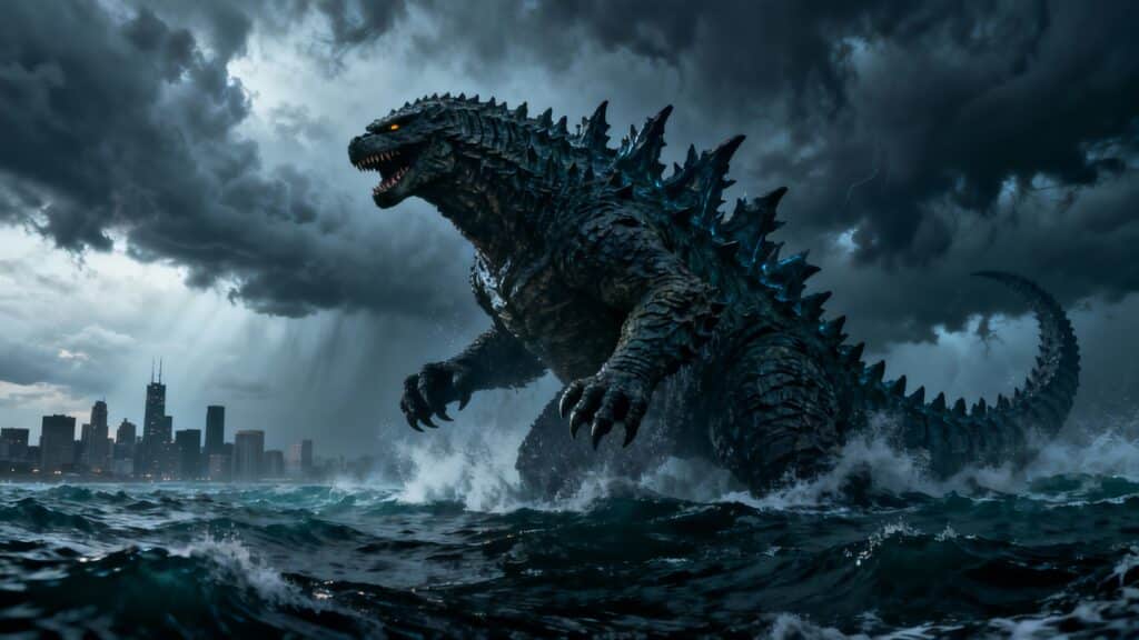 Monstre géant sortant de l'eau près ville orageuse.