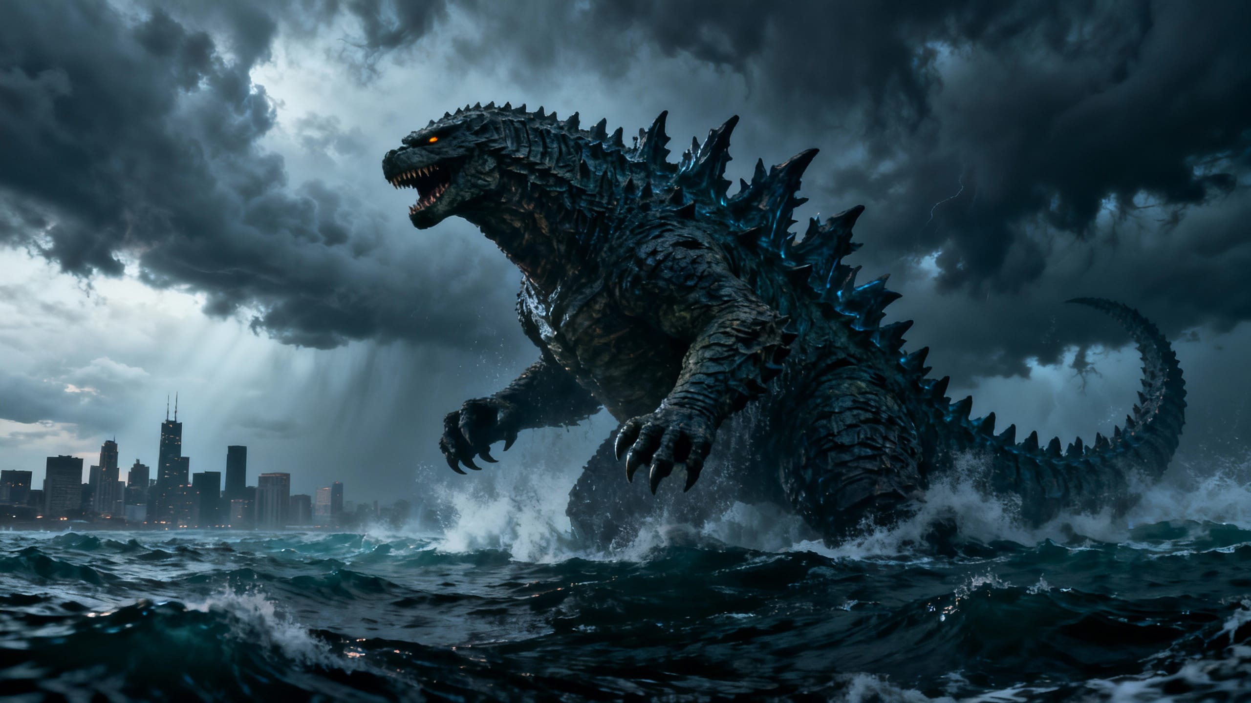 Monstre géant sortant de l'eau près ville orageuse.