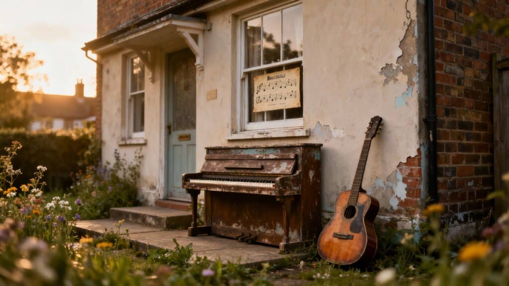 Piano et guitare devant maison ancienne.