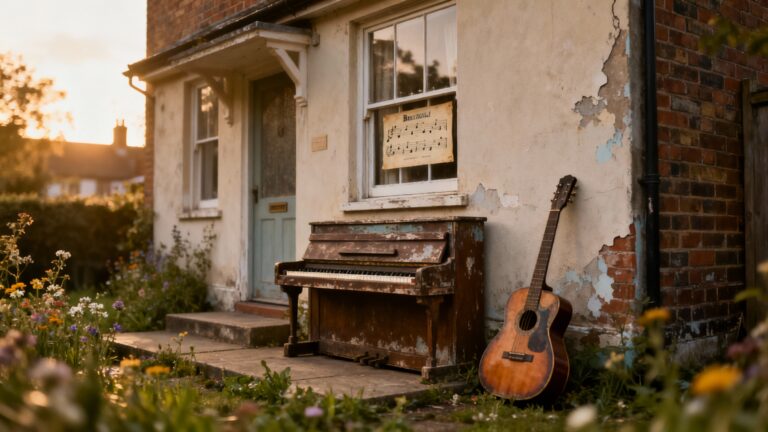 Piano et guitare devant maison ancienne.