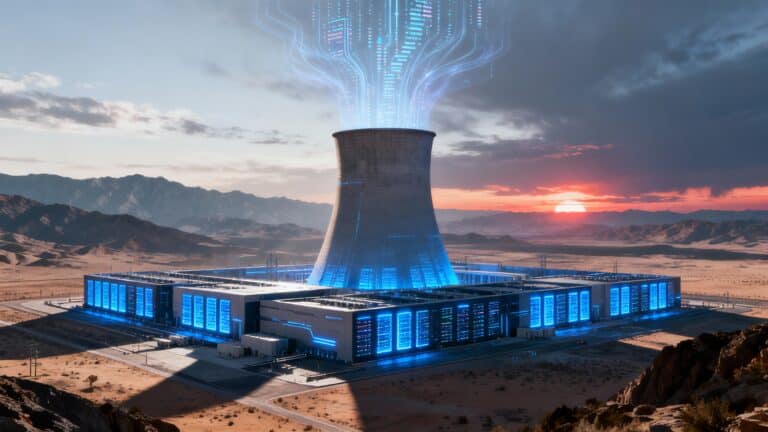 Centrale futuriste dans le désert au coucher du soleil.