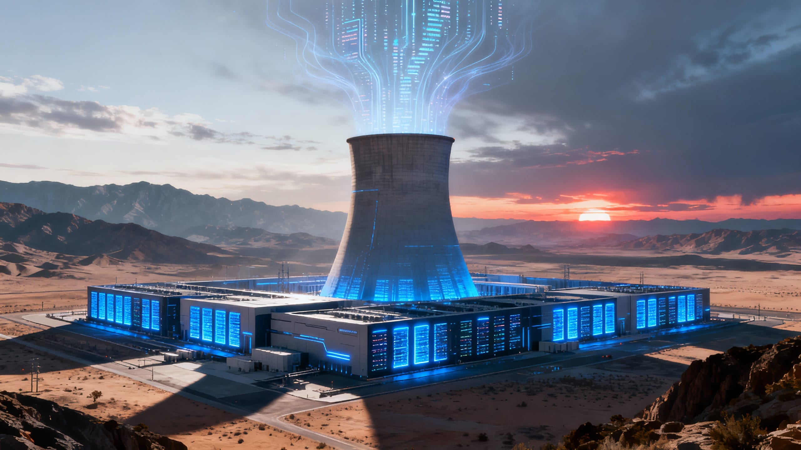 Centrale futuriste dans le désert au coucher du soleil.