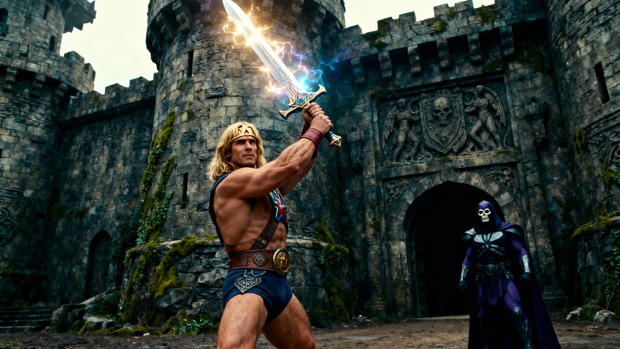 Guerrier avec épée devant château médiéval.