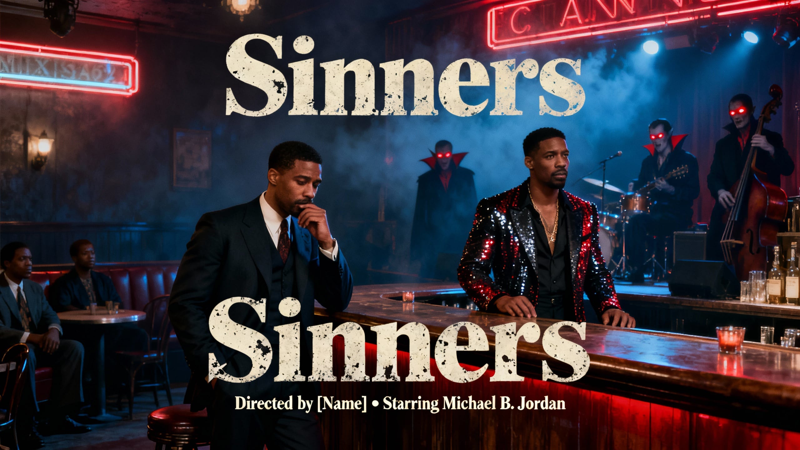 Film noir dans un bar avec musiciens masqués.