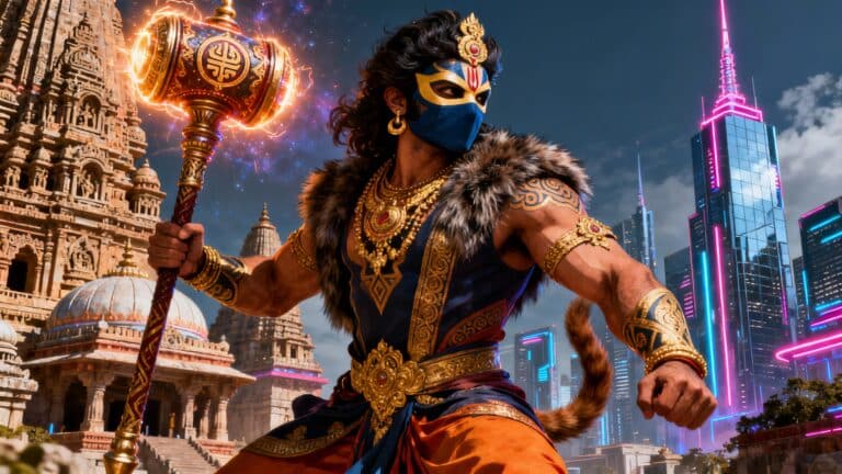 Guerrier masqué avec marteau devant temple et gratte-ciel.