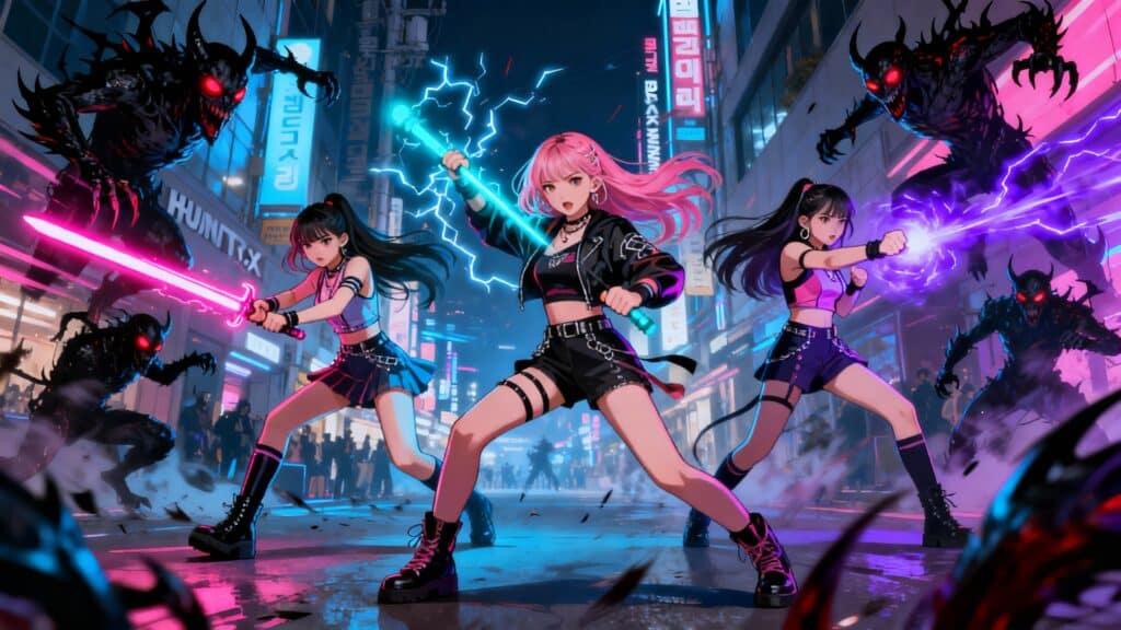 Guerrières combattent créatures obscures avec pouvoirs magiques.