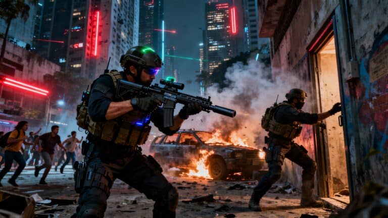 Soldats en action dans une ville en feu.