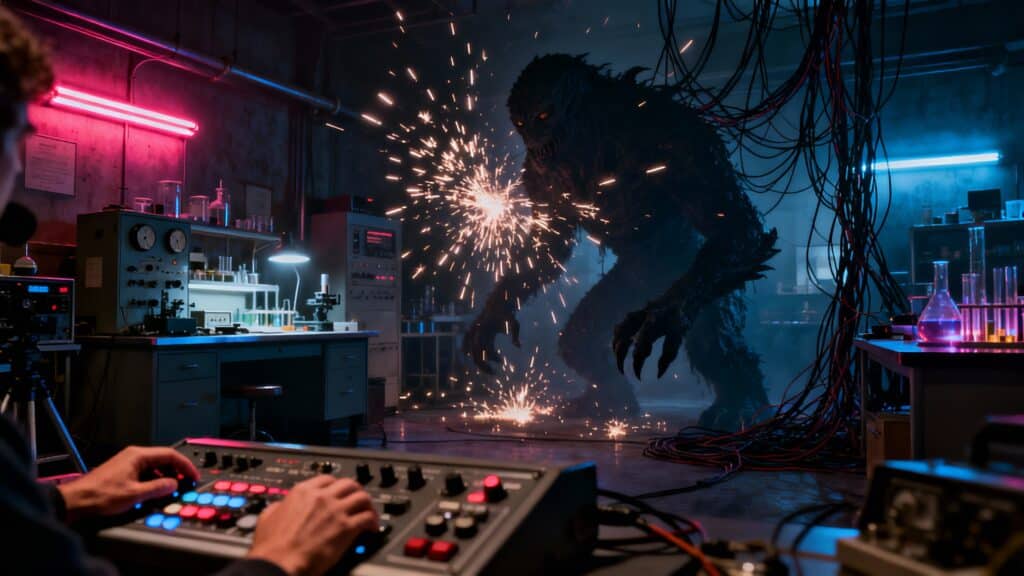 Laboratoire avec créature monstrueuse et étincelles électriques.