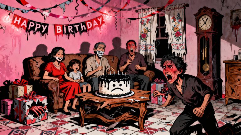 Anniversaire effrayant avec gâteau triste et cris.