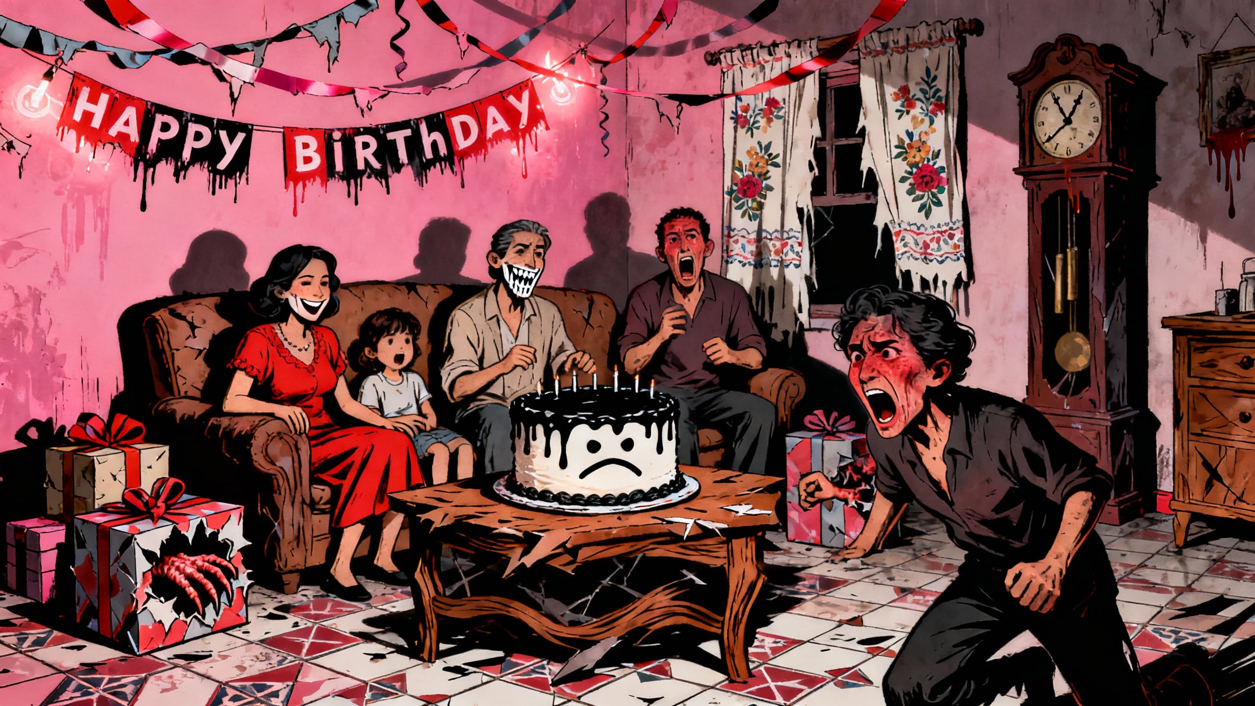 Anniversaire effrayant avec gâteau triste et cris.