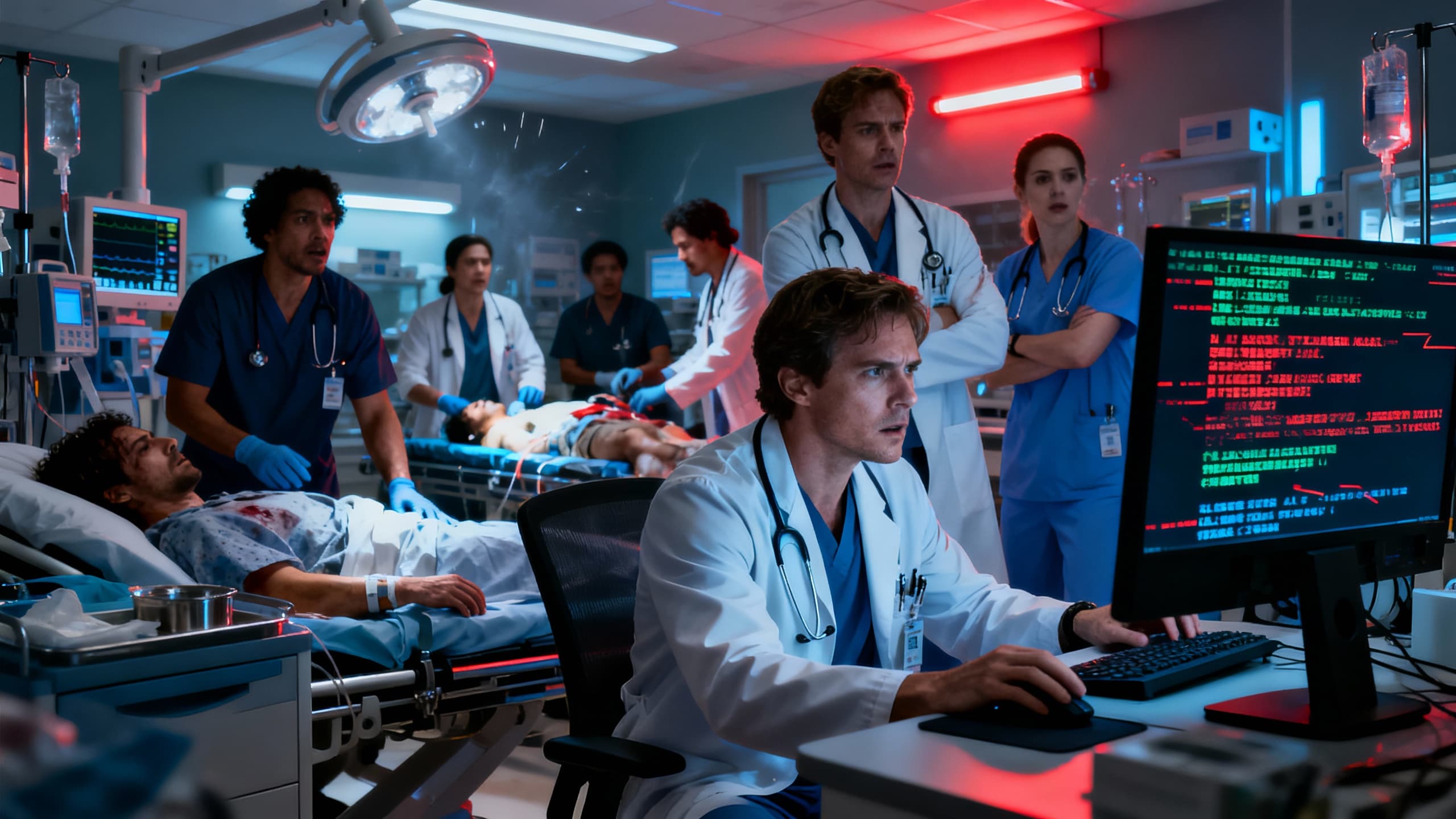 Médecins soignent patients dans une salle d'urgence.