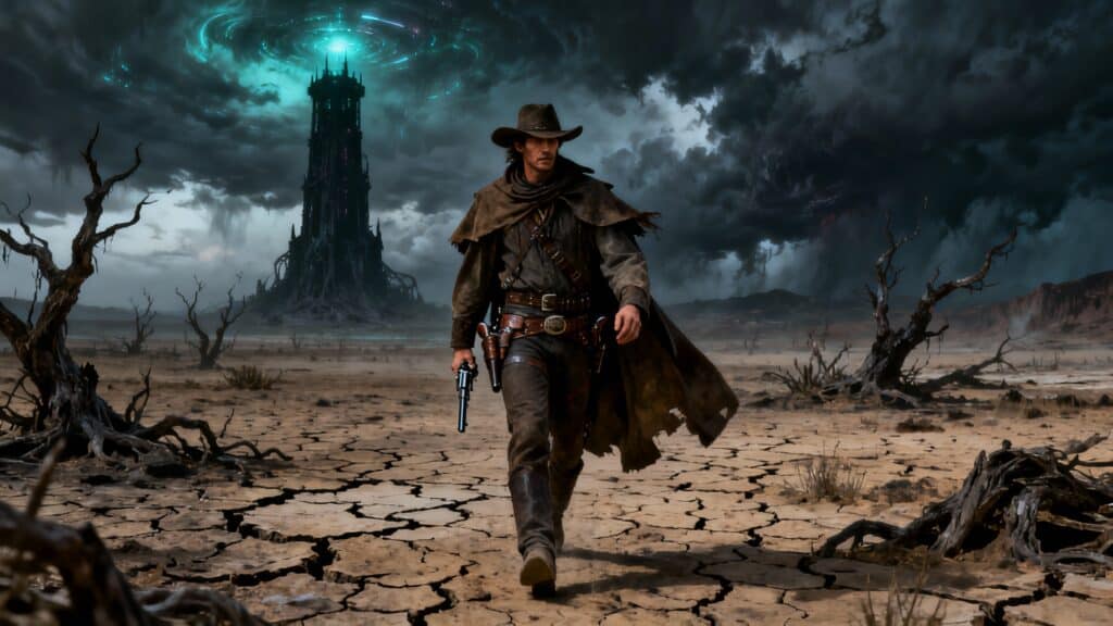 Cowboy armé marchant dans un désert orageux