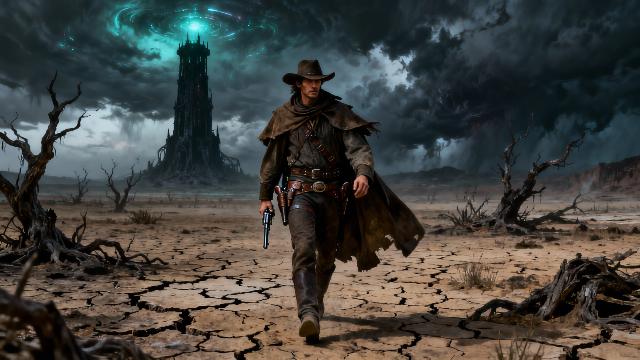 Cowboy armé marchant dans un désert orageux