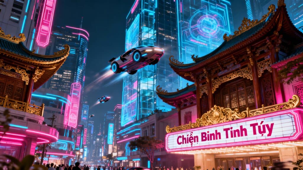 Voitures volantes dans une ville futuriste illuminée.