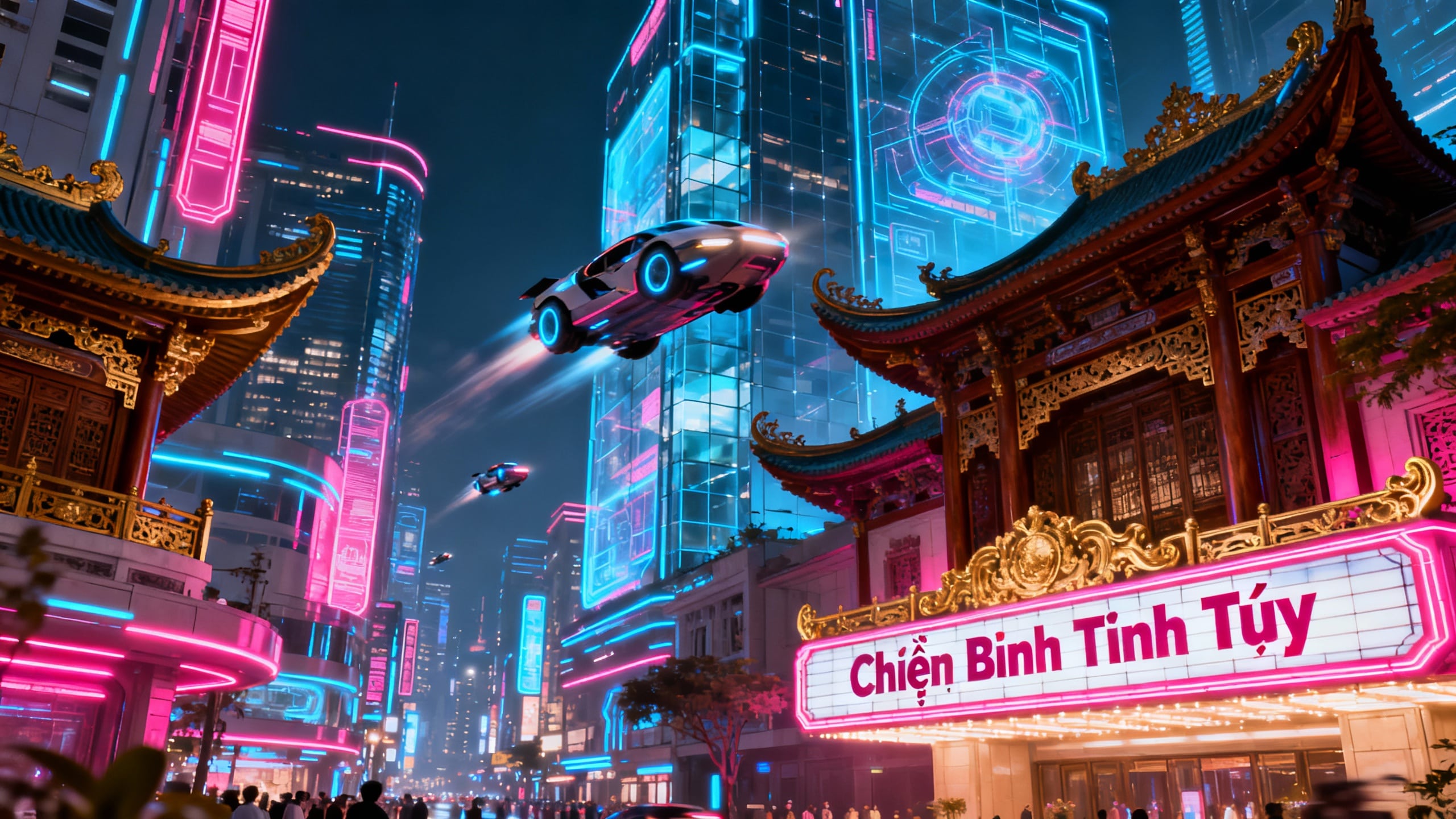 Voitures volantes dans une ville futuriste illuminée.