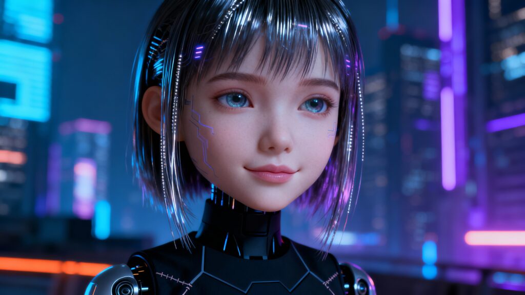 Cyborg souriant dans un décor futuriste lumineux.