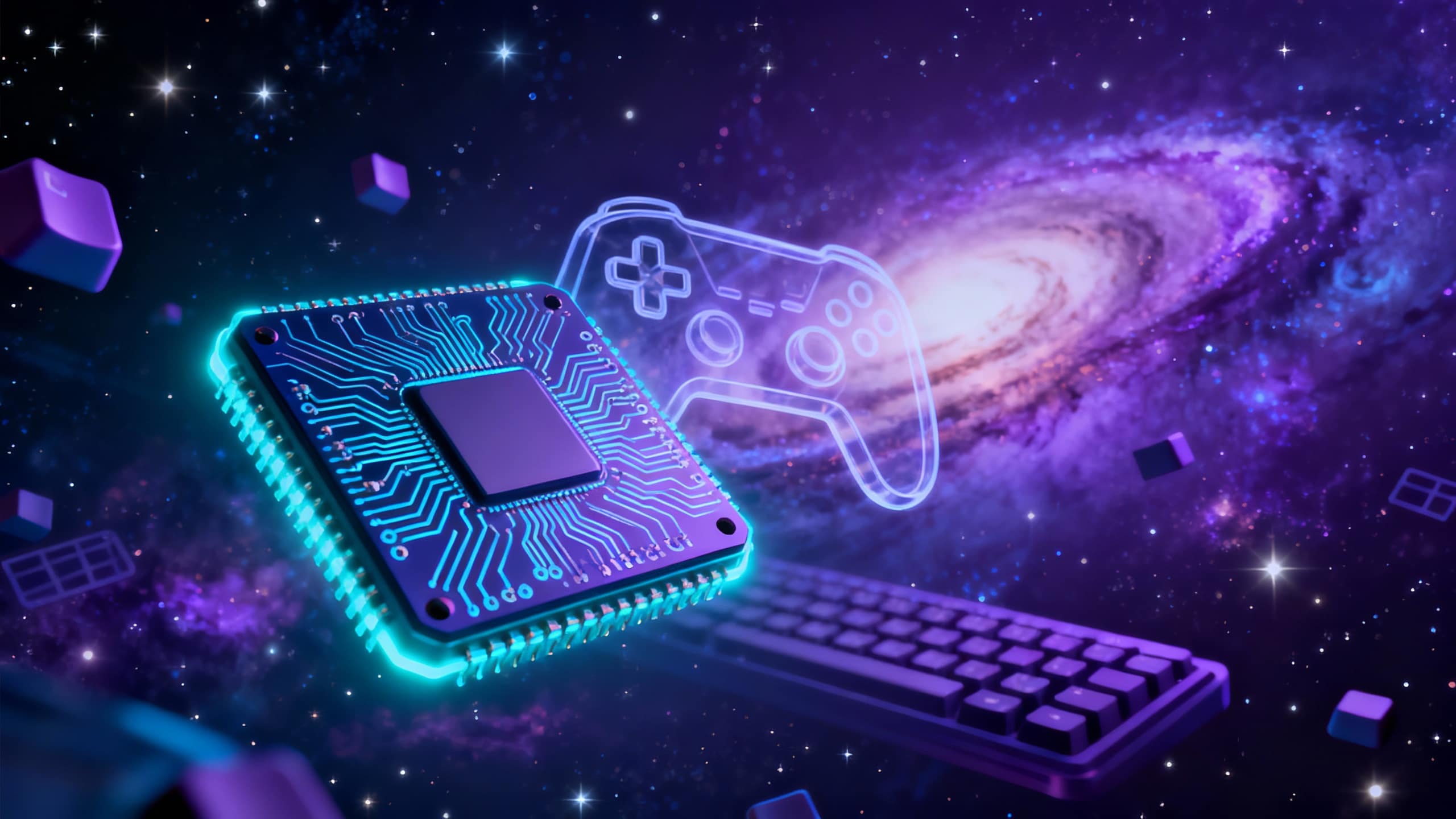 Puce, joystick et clavier dans l'espace.