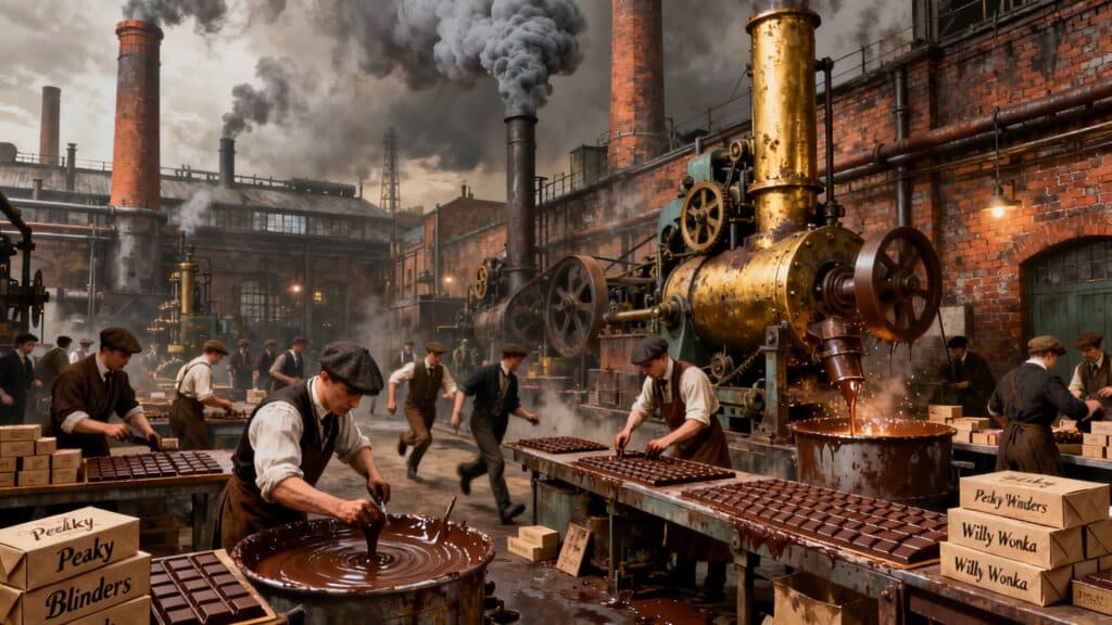 Usine de chocolat en activité, ouvriers travaillant dur.